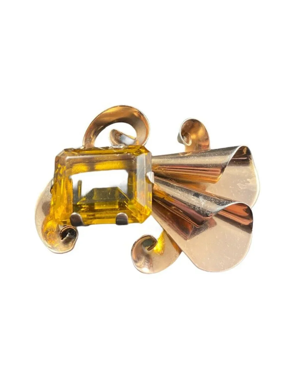 Vintage Sterling Silver Faceted Citrine Glass Brooch Modernist Pronged Pin